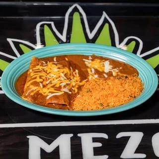 Two Enchiladas, Rice and Fried Beans